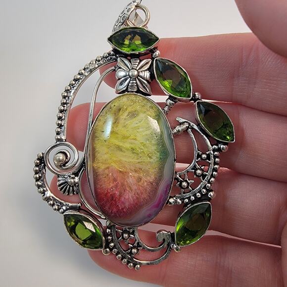 Handmade Rainbow Fluorite Pendant with Peridot in Sterling Silver Floral Setting - Picture 4 of 10